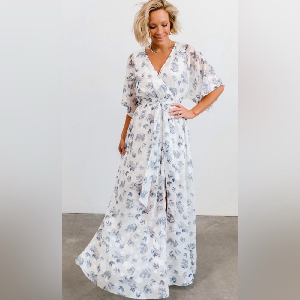 Baltic Born White Maxi Wrap Dress with Blue Floral Print